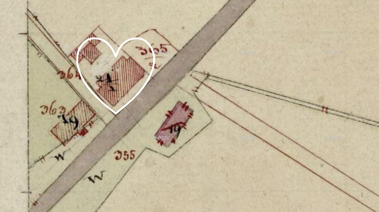 Pozdější katastrální mapa - dva kamenné domy označené šrafou (č. 14 a 364). Zdroj: Archiv ČÚZK