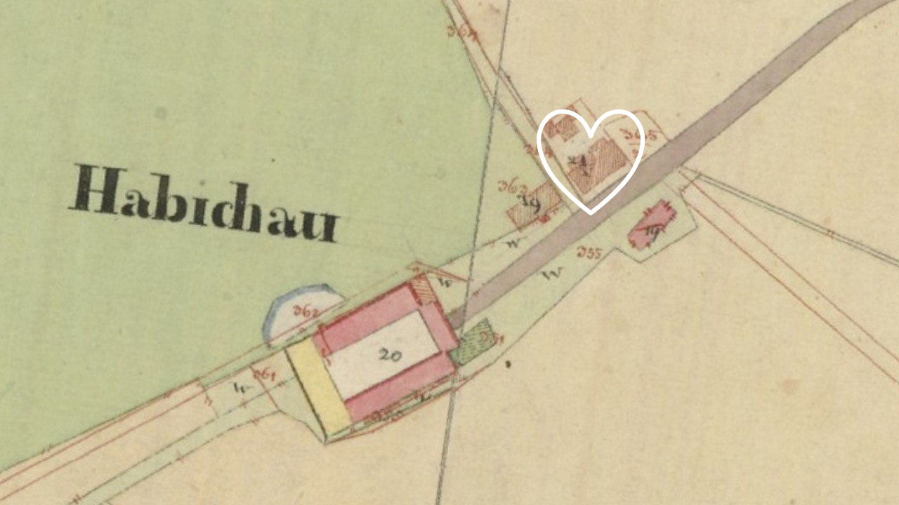 Císařský stabilní katastr z 19. století - budova zakreslena pod parcelním číslem 21/1. Zdroj: Archiv ČÚZK